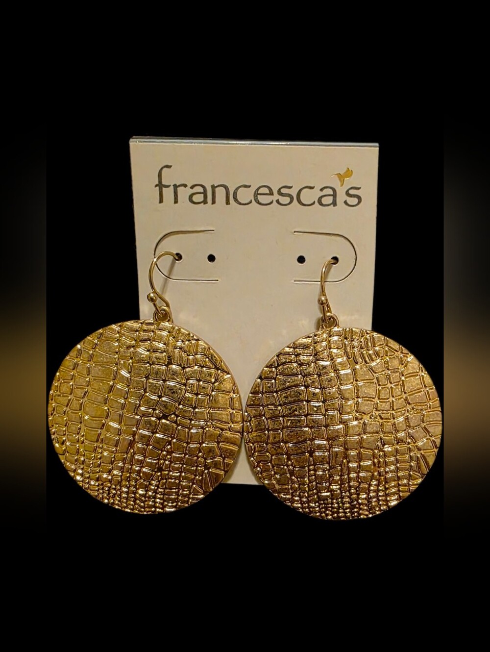 Shiny Goldtone Croc-Texture Round Drop Earrings